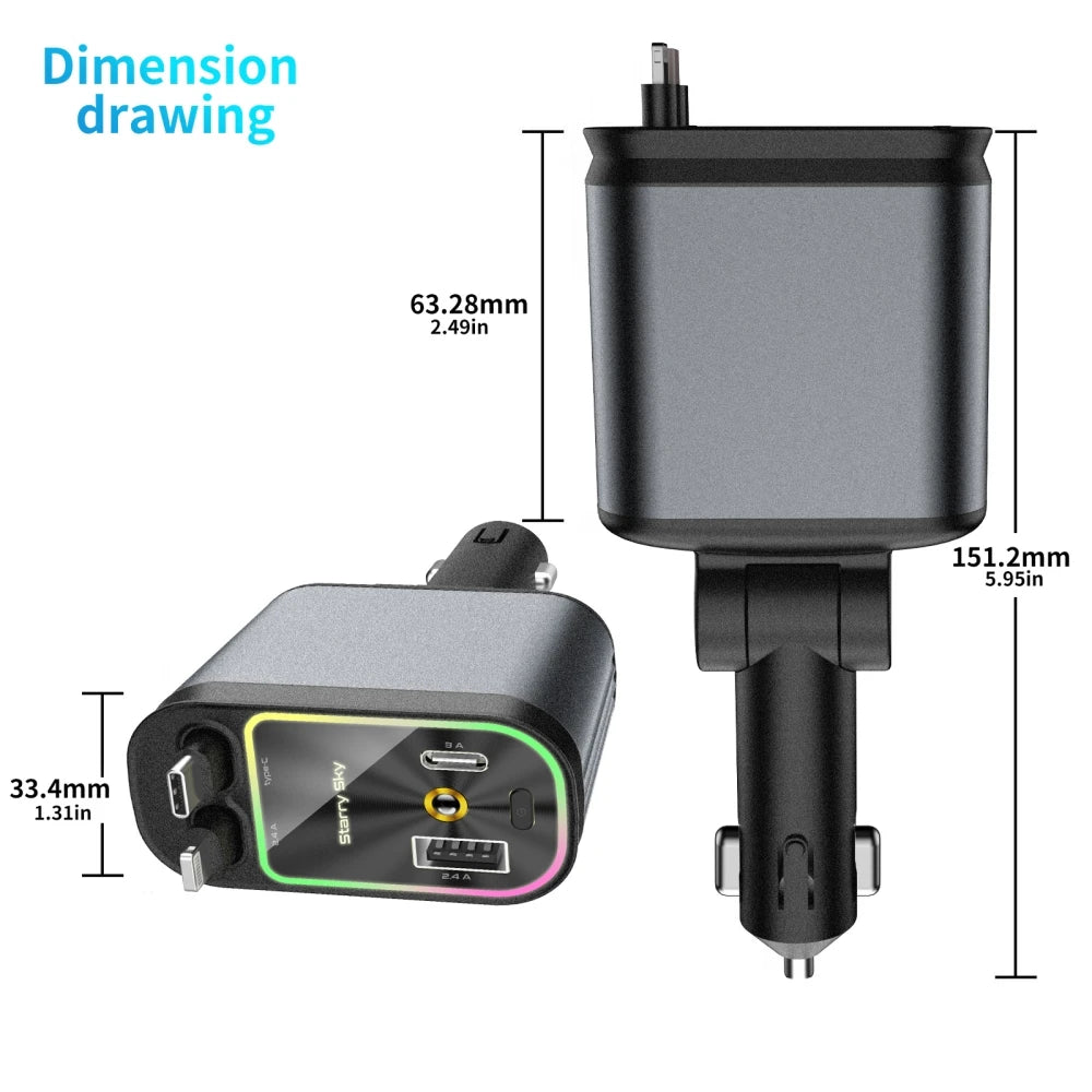 Super Fast Car Phone Charger, 100W Car Phone Charger with Retractable Cables USB and Type-C Port, 4 IN 1 Retractable Car Charger