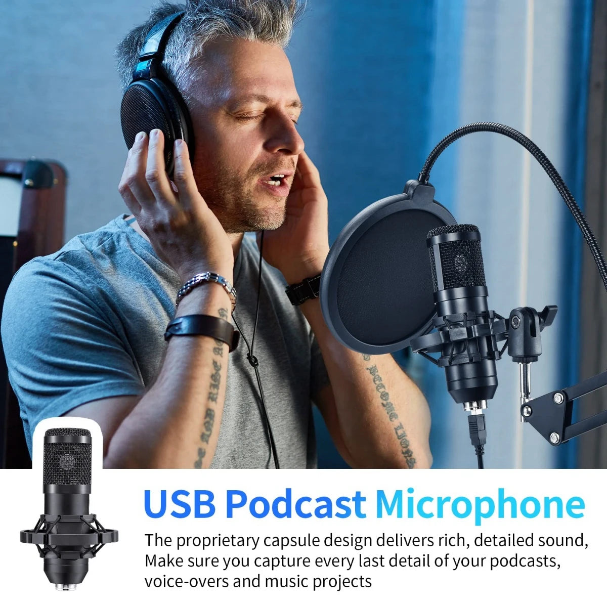 Microphone Studio Professional Live Broadcast Singing Recording Microphone Kits with Suspension Scissor Arm & Metal Shock Mount