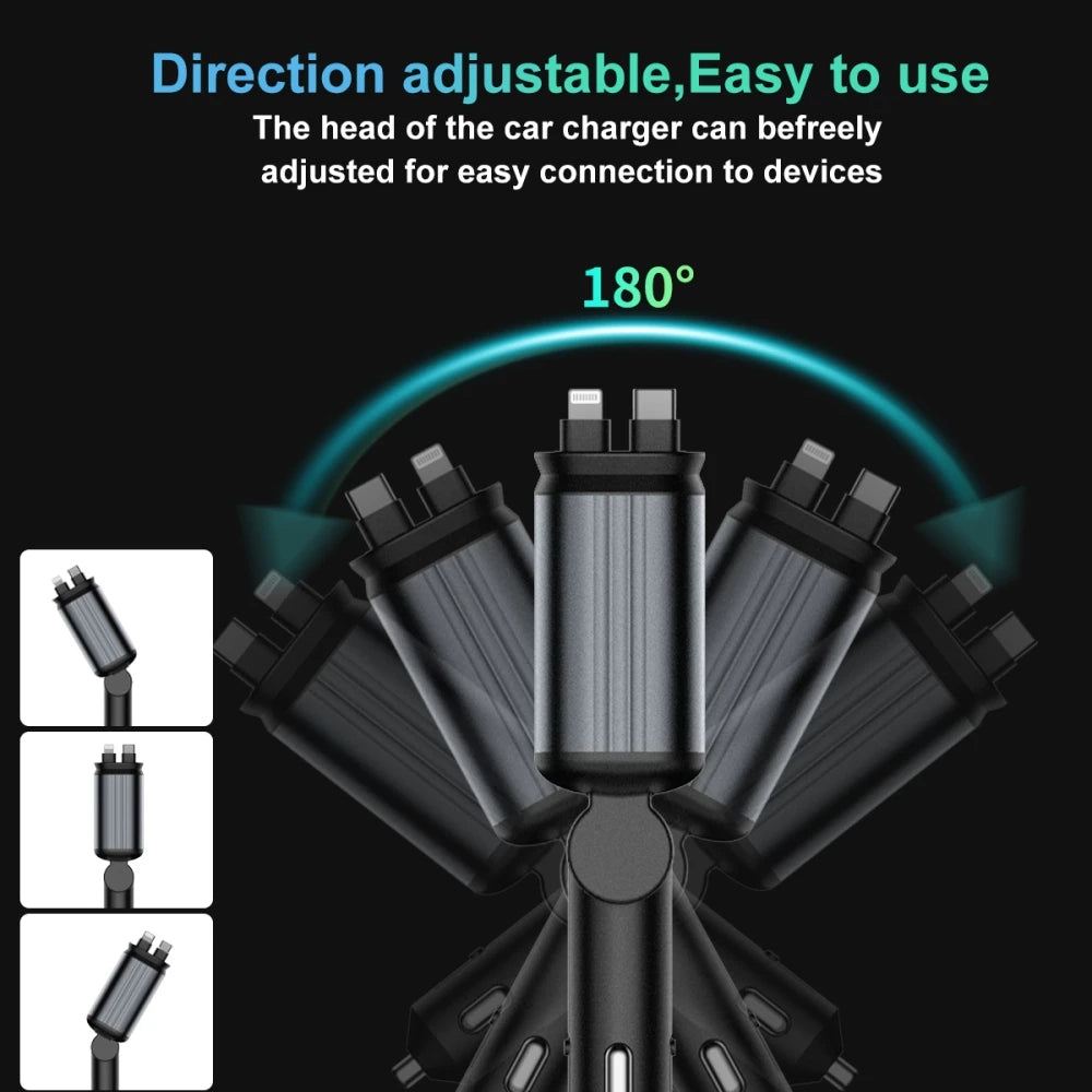 Super Fast Car Phone Charger, 100W Car Phone Charger with Retractable Cables USB and Type-C Port, 4 IN 1 Retractable Car Charger