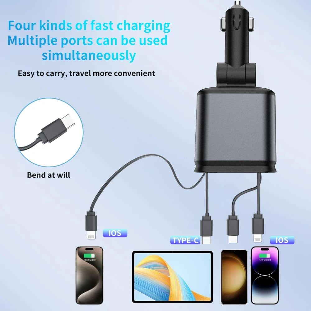Super Fast Car Phone Charger, 100W Car Phone Charger with Retractable Cables USB and Type-C Port, 4 IN 1 Retractable Car Charger