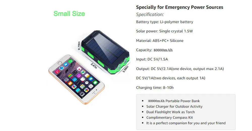 Solar Power Bank 80000mAh "Για λάτρες της φύσης,που δεν θέλουν να μένουν ποτέ χωρίς μπαταρία στις αγαπημένες τούς συσκευές