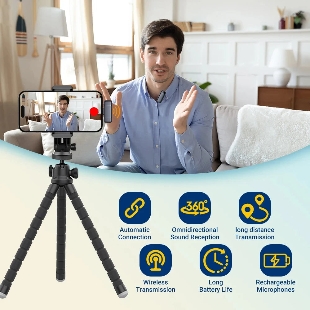 Wireless Stereo Lavalier Microphone Mini Outdoor Noise Cancelling with Charging Case for Live Interviews